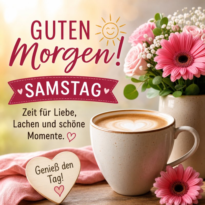 Ein freundlicher Guten-Morgen-Gruß zeigt eine Tasse Kaffee neben rosa Blumen und einem herzförmigen Schild, das zur Entspannung einlädt.