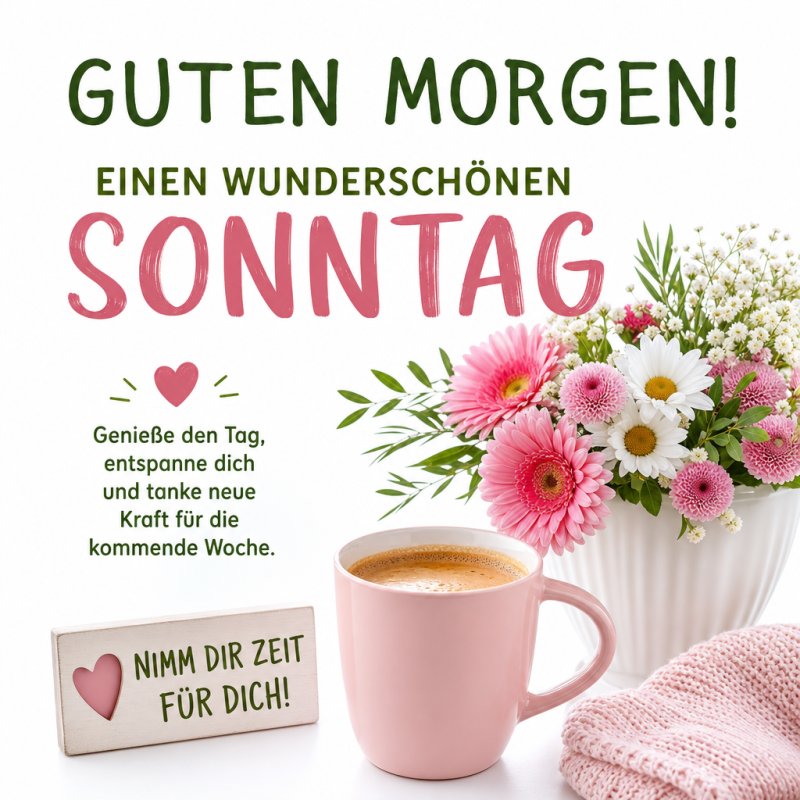 Ein rosafarbener Becher Kaffee steht neben einem Strauß bunter Blumen in einem weißen Topf als Teil eines freundlichen Guten-Morgen-Grußes für Sonntag.