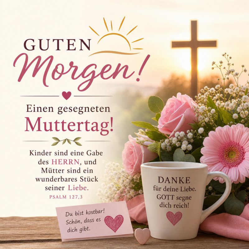 Ein Guten-Morgen-Gruß mit Blumenstrauß, Kreuz und Tasse mit Aufschrift, umgeben von einem rosafarbenen Notizblatt für den Muttertag.