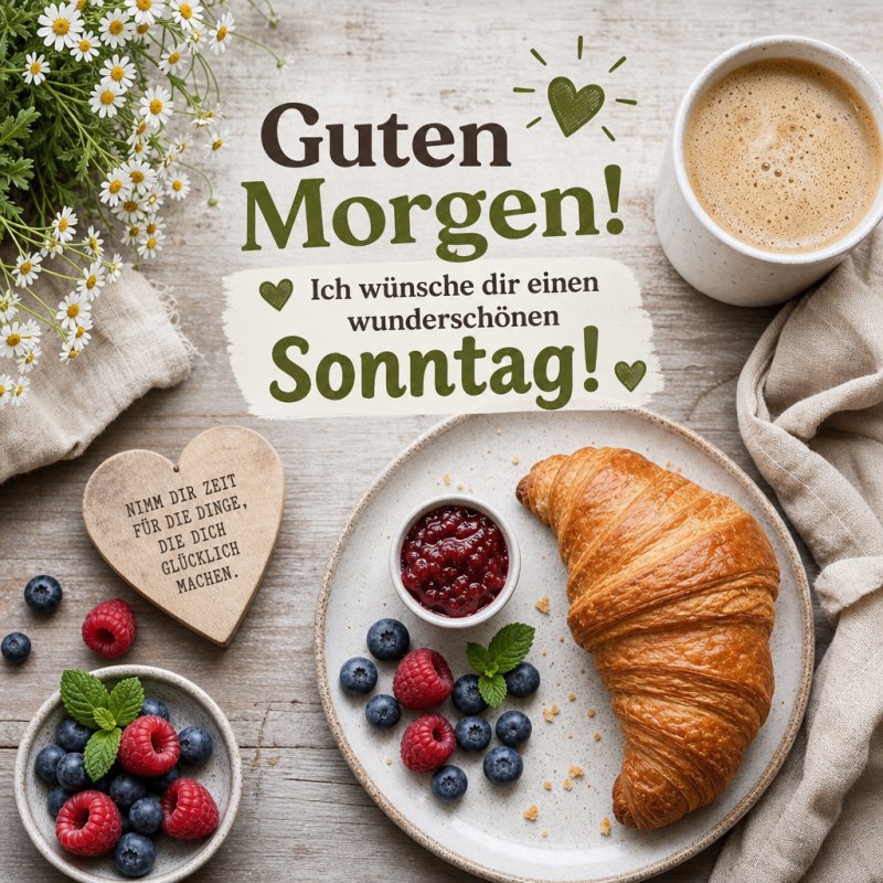 Ein gemütlicher Guten-Morgen-Gruß zeigt ein Frühstück mit Croissant, Himbeeren, Blaubeeren, Marmelade und Kaffee auf einem Holztisch mit Blumen.