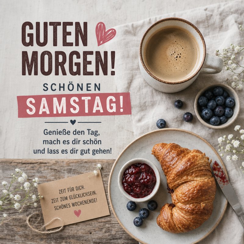 Ein gemütlicher Guten-Morgen-Gruß mit Kaffee, Croissant, Marmelade und Blaubeeren auf einem Holztisch dekoriert mit kleinen Blumen.