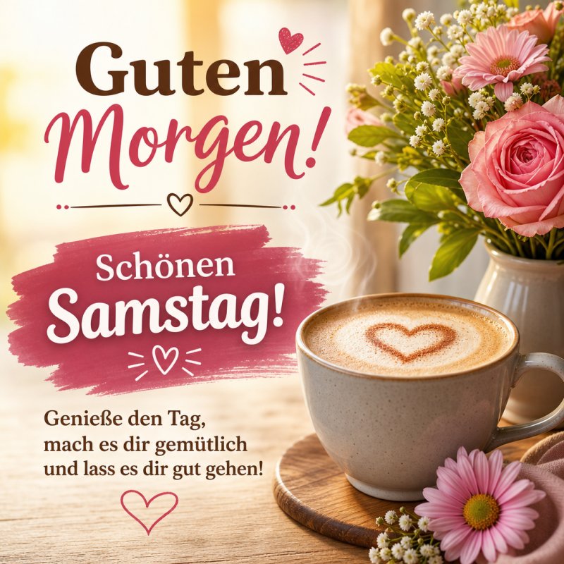 Ein herzförmiger Cappuccino umgeben von rosa Blumen vermittelt einen warmen Guten-Morgen-Gruß an einem Samstagmorgen.