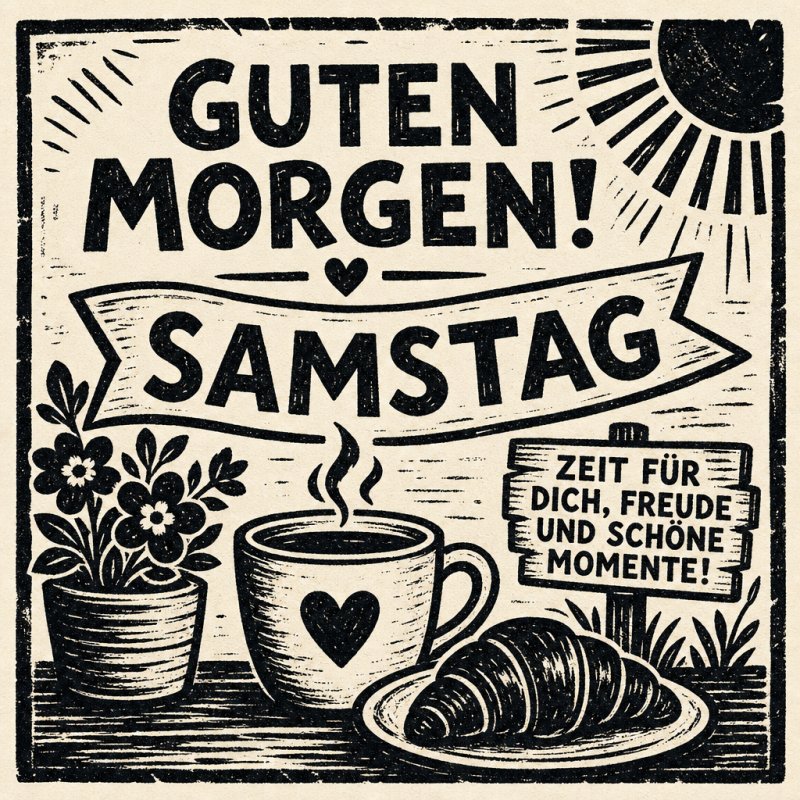 Eine Guten-Morgen-Grußkarte zeigt eine stilisierte Tasse Kaffee, ein Croissant, Blumen und die Sonne mit dem Schriftzug 'Samstag' und einem herzlichen Spruch.