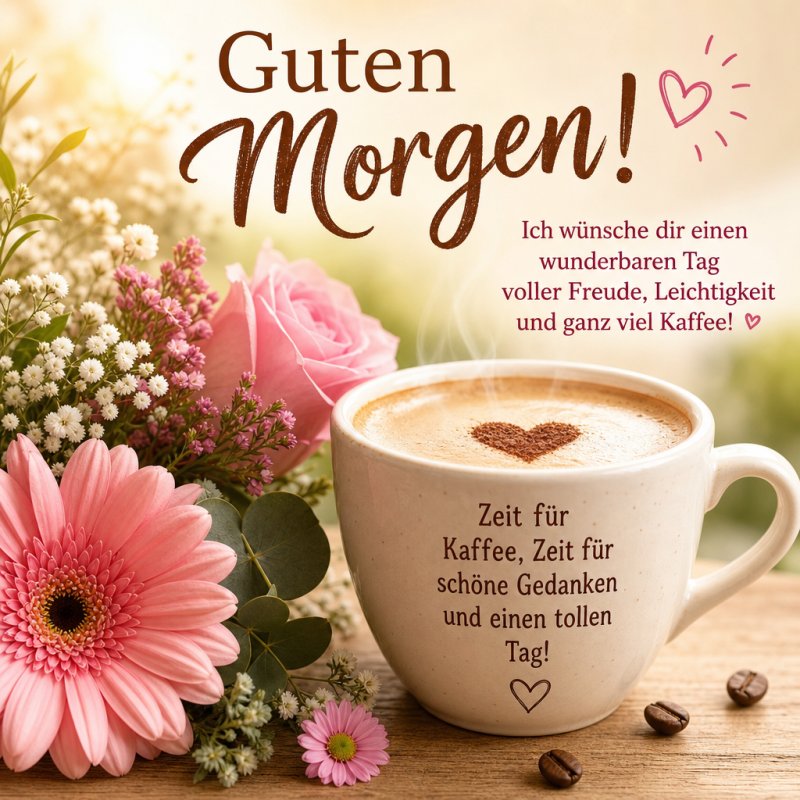 Ein Guten-Morgen-Gruß mit einer Tasse Kaffee, die ein Herz aus Schaum zeigt, umgeben von rosa Blumen und einer positiven Botschaft für den Tag.