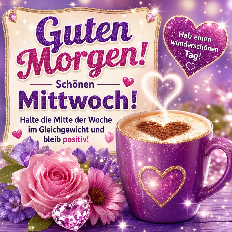 Ein lila Kaffeebecher mit Herzmuster und Blumen daneben vermittelt einen funkelnden Guten-Morgen-Gruß für einen schönen Mittwoch.