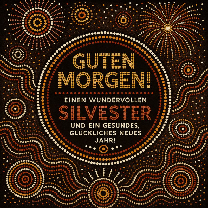 Ein bunter, punktierter Hintergrund mit Kreis- und Spiralformen umrahmt den Guten Morgen Gruß für Silvester in dynamischen Rot- und Goldtönen.