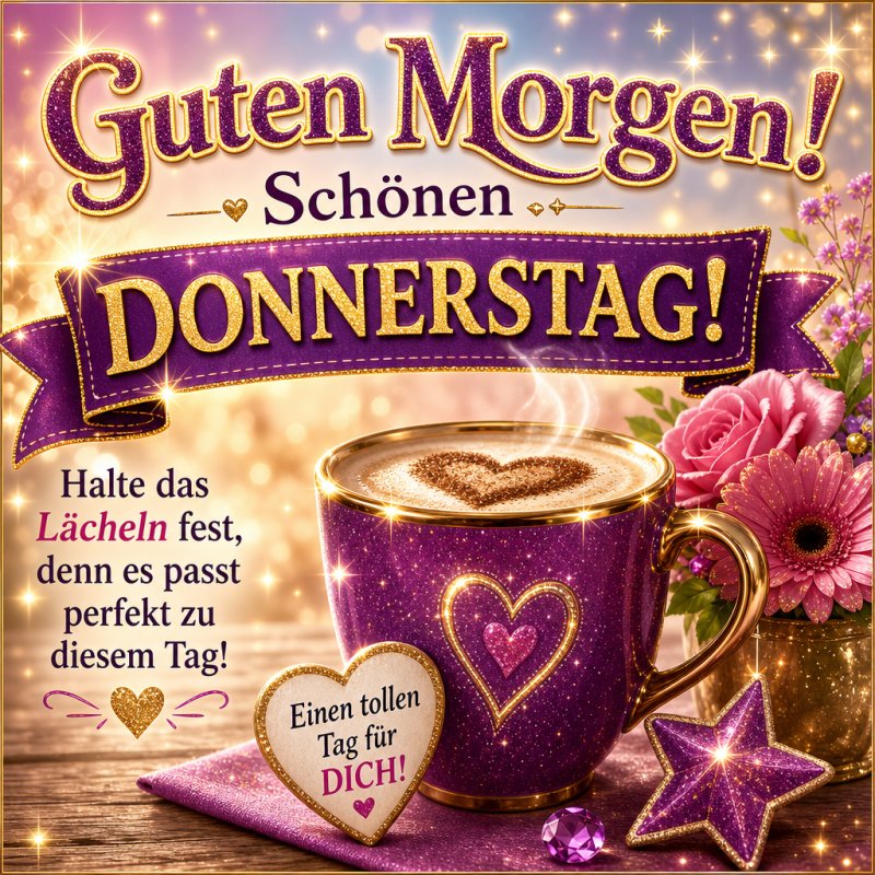 Ein funkelndes Bild mit einer lila Kaffeetasse, Blumen und Dekorationen vermittelt einen freundlichen Guten-Morgen-Gruß für Donnerstag.