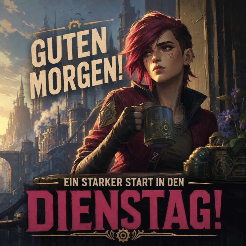 Ein junger Mensch mit rotem Haar und Lederjacke hält einen Becher in einer futuristischen Stadt, begleitet von einem großen Guten-Morgen-Gruß zum Dienstag.