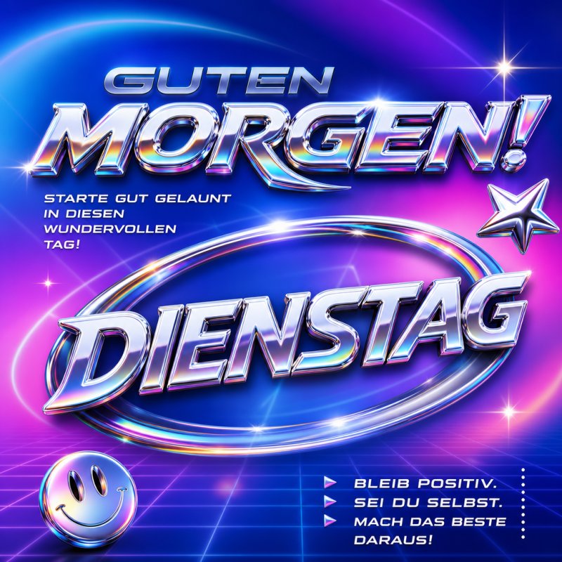 Buntes, futuristisches Design mit metallischen Buchstaben für einen Guten-Morgen-Gruß am Dienstag, umgeben von einem Lächel-Emoji und motivierenden Botschaften.