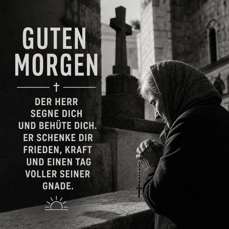 Eine ältere Frau betet mit einem Rosenkranz in der Hand vor einem Kreuz bei einem religiösen Gebäudeeingang, begleitet von einem Guten-Morgen-Gruß.