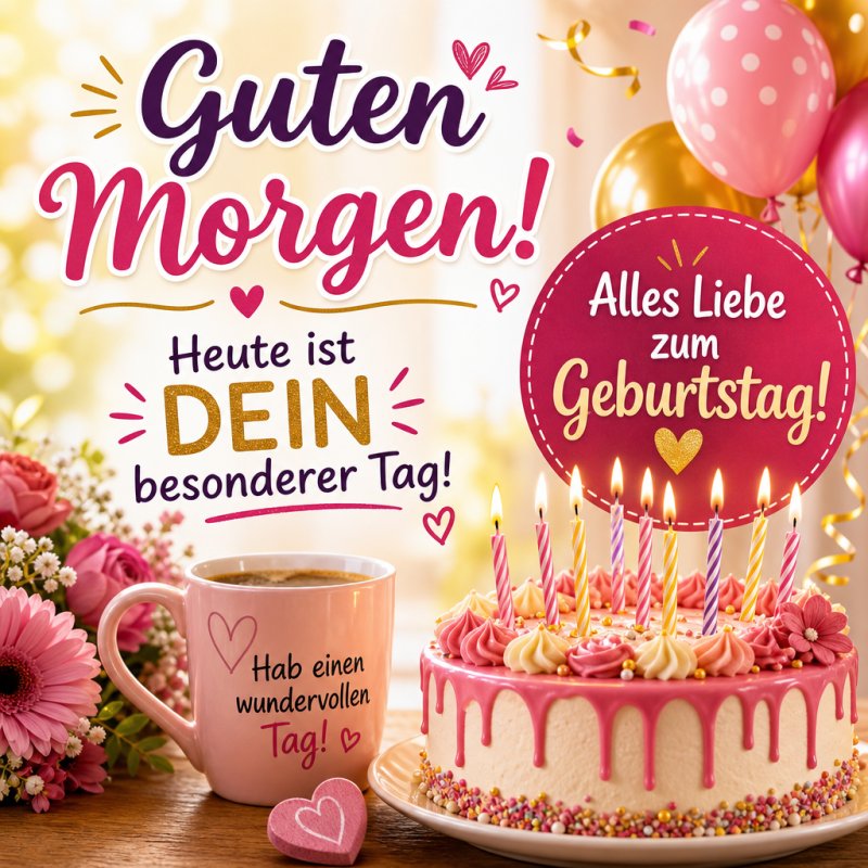 Ein fröhlicher Guten-Morgen-Gruß zeigt eine Geburtstagstorte mit Kerzen, rosa Blumen, Ballons und eine Tasse Kaffee auf einem Holztisch.