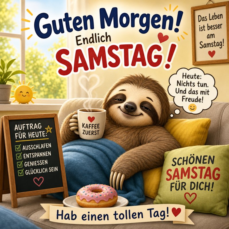 Ein entspannter Faultier sitzt auf einem Sofa mit einer Tasse Kaffee, umgeben von Kissen und fröhlichen Schildern für einen Guten-Morgen-Gruß am Samstag.