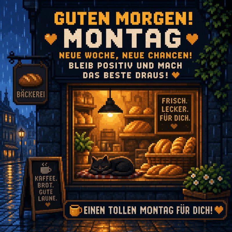 Ein pixeliges Bild zeigt eine gemütliche Bäckerei bei Regen mit einem schlafenden schwarzen Kater im Fenster und einem „Guten Morgen“ Lichtschriftzug.
