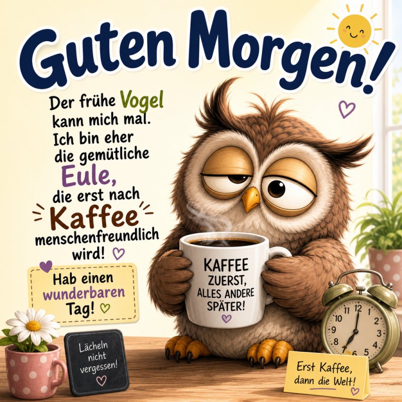 Eine verschlafene Eule hält eine Tasse Kaffee mit der Aufschrift 'Kaffee zuerst, alles andere später', umgeben von fröhlichen Dekorationen als Guten-Morgen-Gruß.