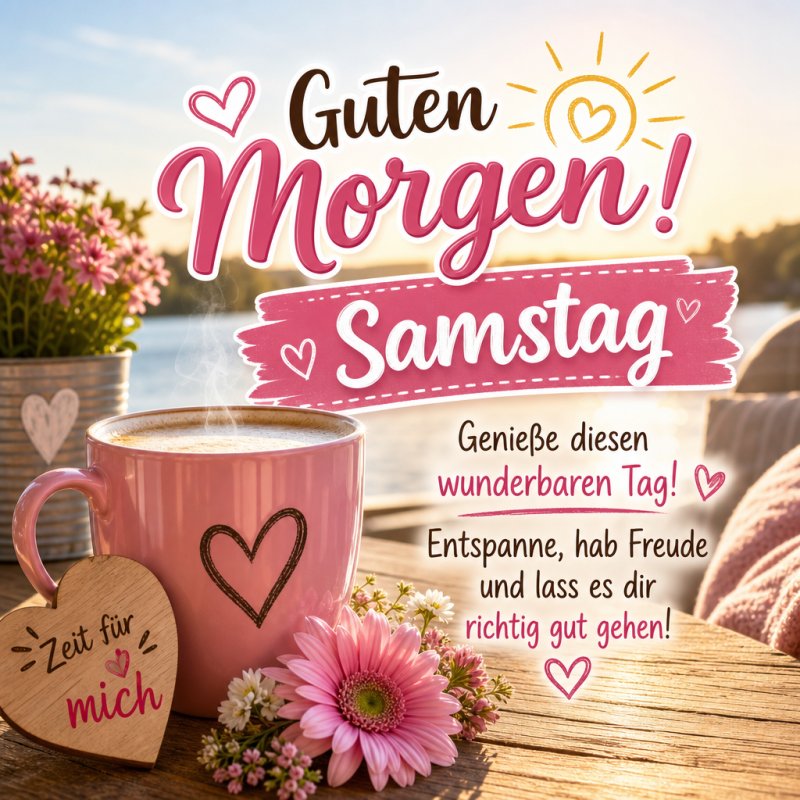 Eine rosa Tasse mit Herz, umgeben von Blumen, steht auf einem Tisch am See bei Sonnenaufgang, als Teil eines liebevollen Guten-Morgen-Grußes für Samstag.