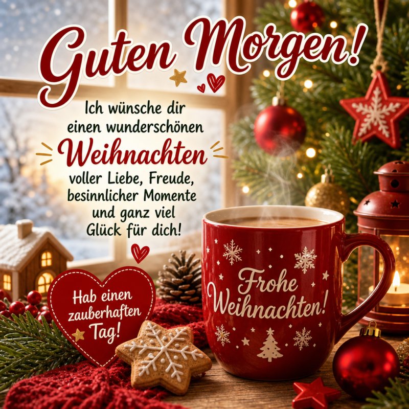 Ein roter Kaffeebecher mit 'Frohe Weihnachten'-Aufschrift steht vor einem Fenster mit Weihnachts- und Naturdeko als Guten-Morgen-Gruß.