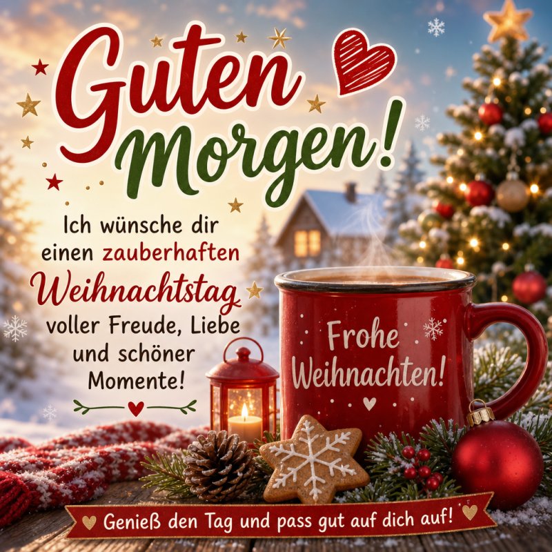 Ein heißer Schokoladenbecher mit "Frohe Weihnachten" umgeben von weihnachtlichen Dekorationen und einem Guten-Morgen-Gruß vor einer verschneiten Hütte.