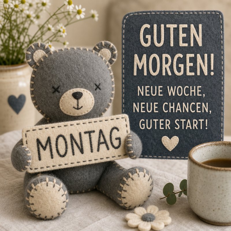 Ein gemütlicher Filzbär hält ein 'Montag'-Schild neben einer Tasse Kaffee und Blumen, begleitet von einem 'Guten Morgen'-Gruß auf einem Stoffschildchen.