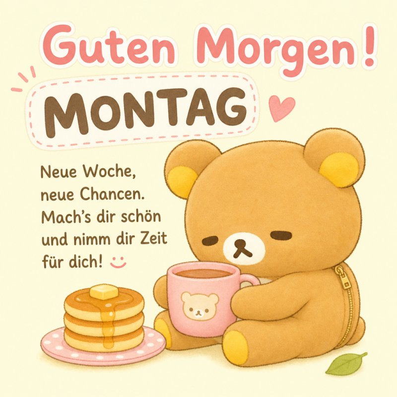 Ein niedlicher brauner Bär sitzt gemütlich mit einer Tasse Kaffee und einem Teller Pfannkuchen, als Teil eines liebevollen Guten-Morgen-Grußes zum Montag.
