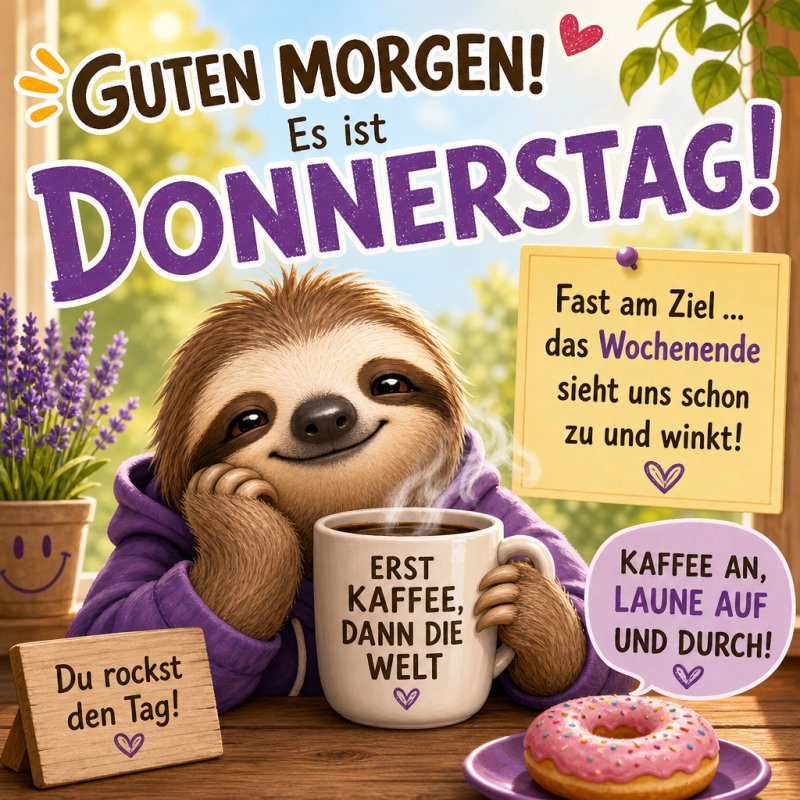 Ein entspanntes Faultier mit einer Kaffeetasse sitzt vor einem Fenster und genießt den Guten-Morgen-Gruß am Donnerstag, umgeben von Pflanzen und einem Donut.