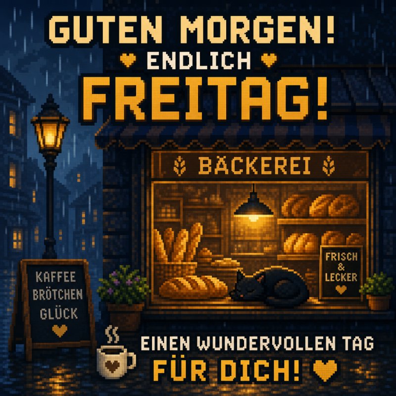 Ein warm beleuchtetes Schaufenster einer Bäckerei zeigt Brot und Gebäck, während eine Katze schläft; ein gemütlicher Guten-Morgen-Gruß mit Kaffeedetails.