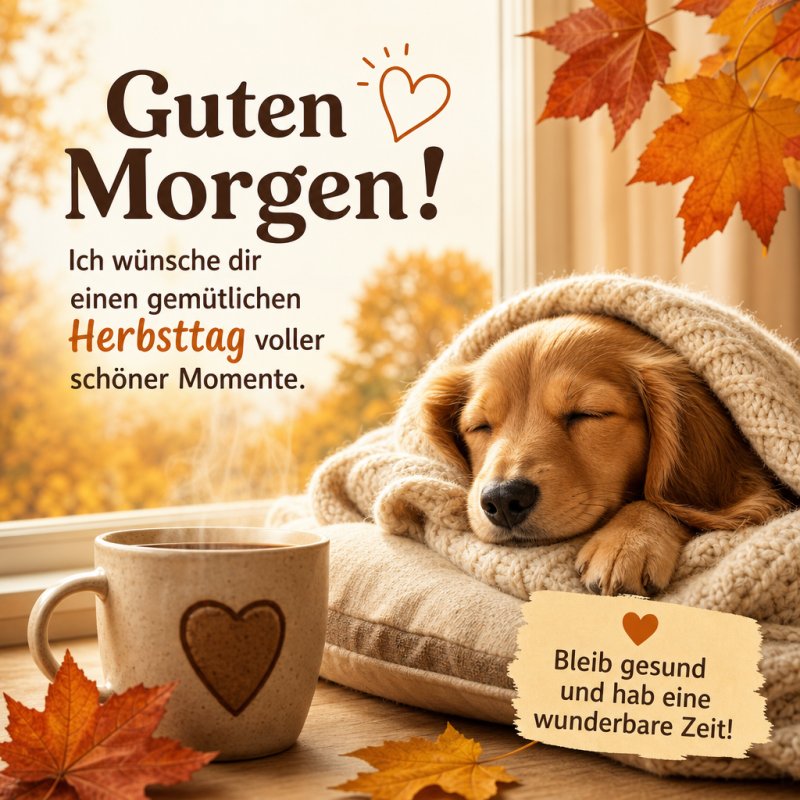 Ein kleiner Hund schläft eingekuschelt in eine Decke neben einer Tasse mit Herzmotiv vor herbstlichen Bäumen, begleitet von einem Guten-Morgen-Gruß.
