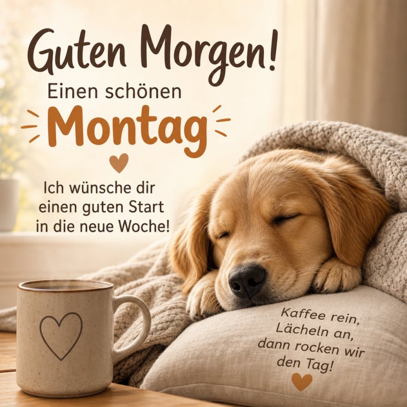 Ein süßer Hund schläft auf einem Kissen neben einer Kaffeetasse mit Herzmotiv, begleitet von einem Guten-Morgen-Gruß für einen schönen Montag.
