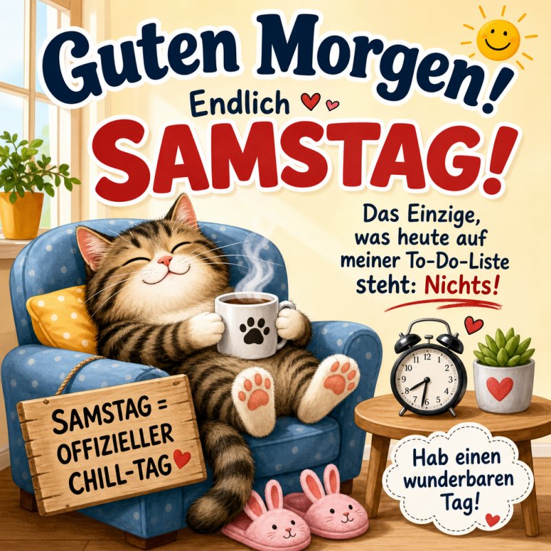 Ein entspannter Katzen-Guten-Morgen-Gruß auf einem blauen Sessel mit Herz-Dekor und einer Kaffeetasse, umgeben von einem Wecker und Topfpflanzen.