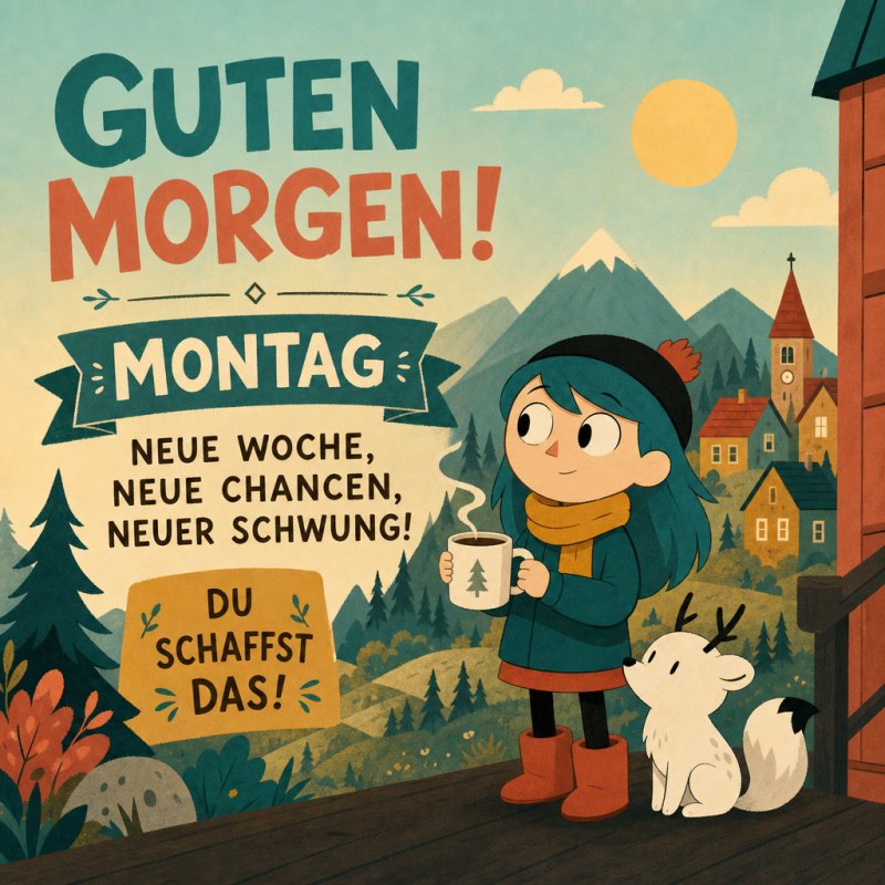 Eine Zeichnung zeigt ein Mädchen mit blauem Schal, das eine Kaffeetasse hält, und einen Fuchs vor einer Bergkulisse als Guten-Morgen-Gruß für Montag genießend.