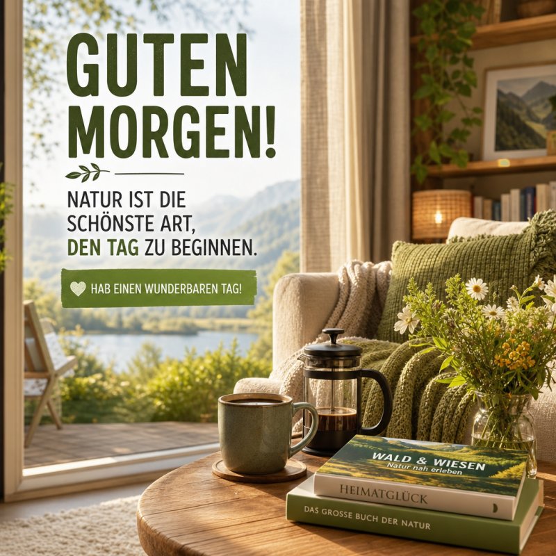 Ein gemütliches Wohnzimmer mit Blick auf einen See und Berge wird durch grüne Pflanzen und Bücher verschönert, ideal für einen Guten-Morgen-Gruß.