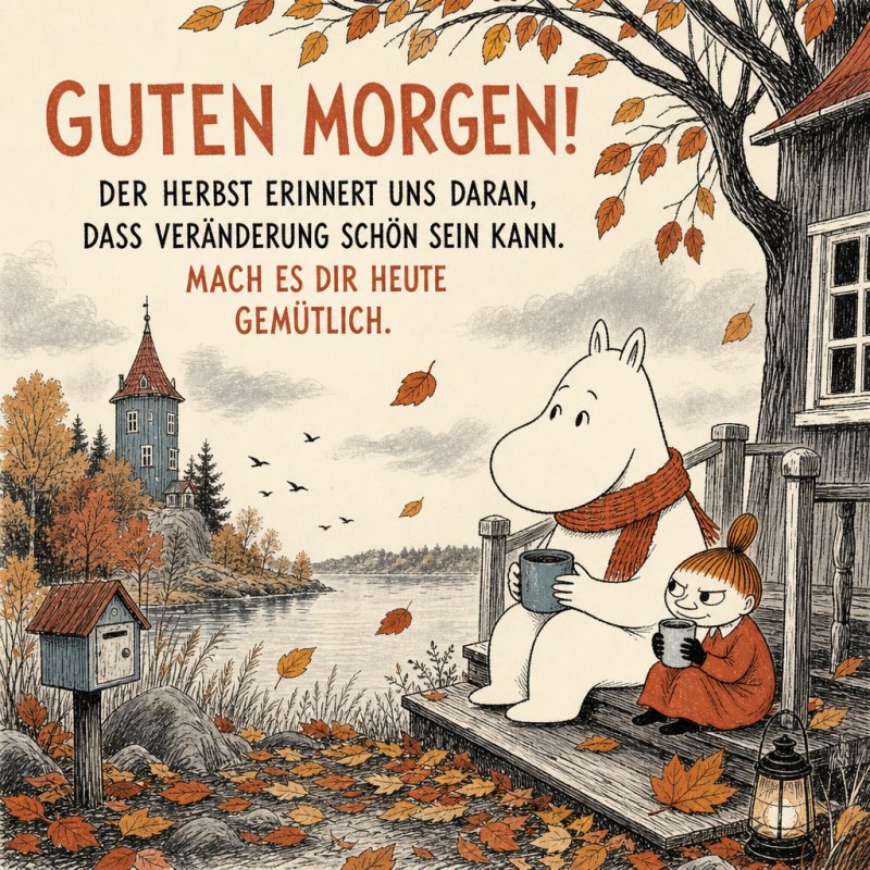 Zwei Figuren sitzen mit Kaffee auf einer Veranda am See, umgeben von herbstlichen Bäumen, während Blätter fallen, mit einem warmen Guten-Morgen-Gruß.