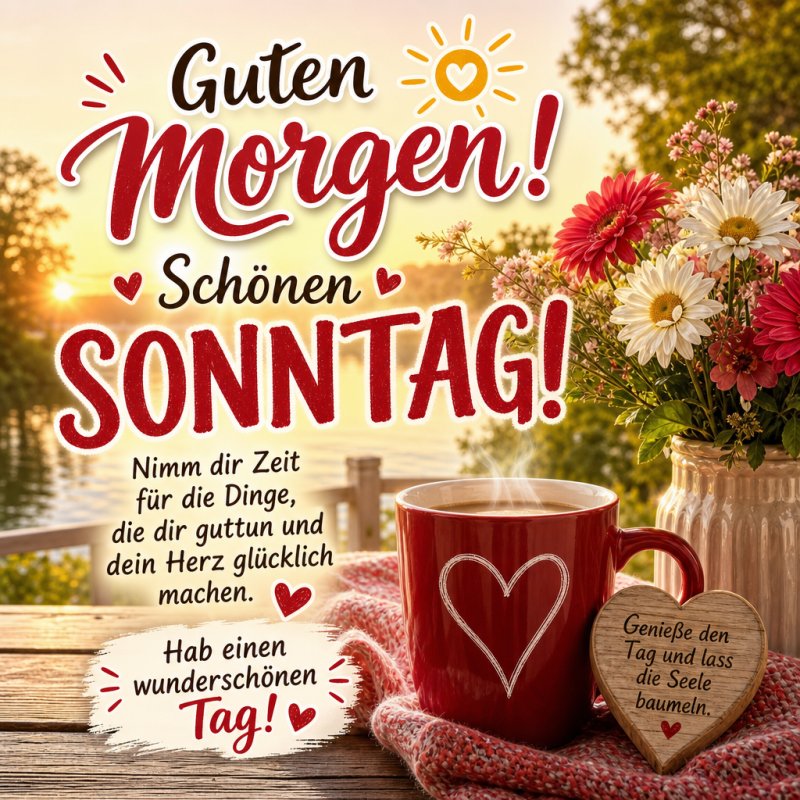 Ein gemütlicher Sonntagmorgen mit einer Tasse Kaffee am See, umgeben von Blumen und Sonnenschein, begrüßt mit einem warmen Guten-Morgen-Gruß.