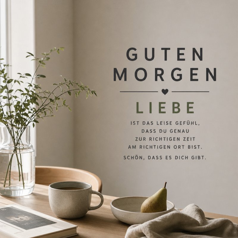 Ein heller Tisch mit einer Tasse Kaffee, einem Buch und einer Birne neben einem Strauß grüner Zweige illustriert einen gemütlichen Guten-Morgen-Gruß.