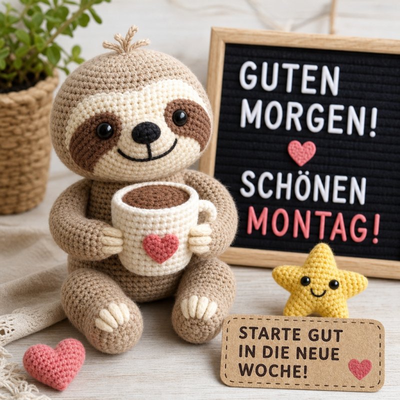 Ein gehäkeltes Faultier hält eine Tasse Kaffee, daneben eine Tafel mit 'Guten Morgen' und 'Schönen Montag', ideal für einen Guten-Morgen-Gruß.