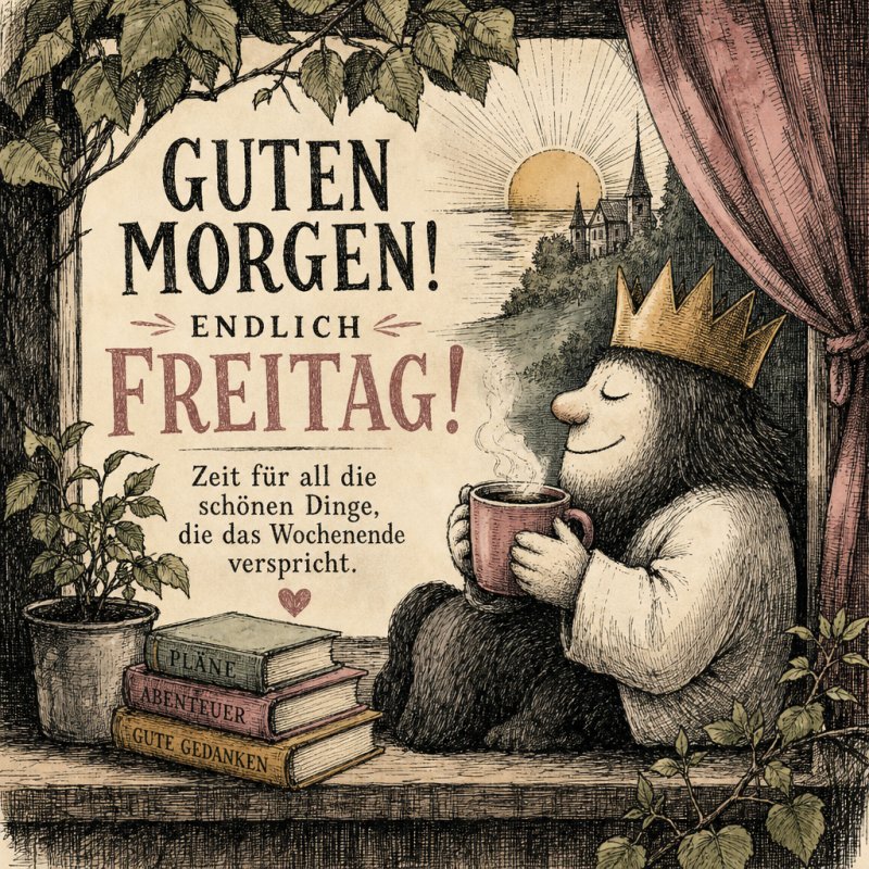 Ein gemütliches Wesen mit Krone sitzt lächelnd am Fenster, hält eine Tasse Kaffee und genießt den Sonnenaufgang, idealer Guten-Morgen-Gruß für Freitag.
