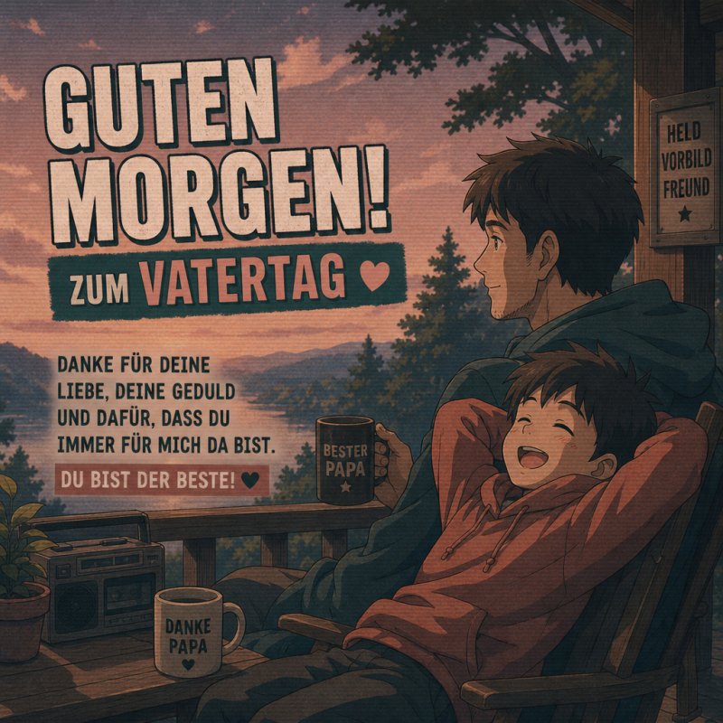 Ein Vater und sein Kind genießen einen ruhigen Morgen auf einer Veranda mit Kaffee, während der "Guten Morgen" Gruß betont wird.