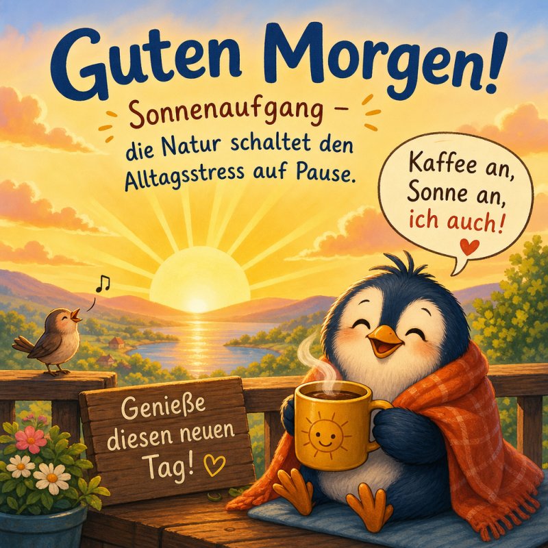 Ein fröhlicher Pinguin sitzt eingekuschelt mit einer Kaffeetasse auf einer Bank im Sonnenaufgang, während ein Vogel singt, als Guten Morgen Gruß.