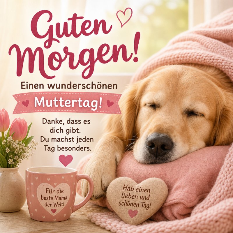 Ein schlafender Hund mit rosa Kissen und Kuscheldecke, neben einer rosa Tasse und Blumen, vermittelt einen herzlichen Guten-Morgen-Gruß zum Muttertag.