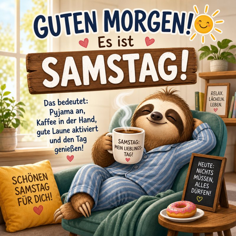 Ein fröhliches Faultier im Pyjama genießt seinen Kaffee auf einem Sessel, umgeben von positiven Botschaften und einem Guten-Morgen-Gruß für Samstag.