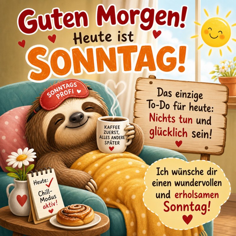 Ein gemütliches Faultier liegt auf einem Sessel mit einer Kaffeetasse und genießt einen entspannten Sonntag, umgeben von Herzchen und einem Sonnenaufgang als Guten-Morgen-Gruß.