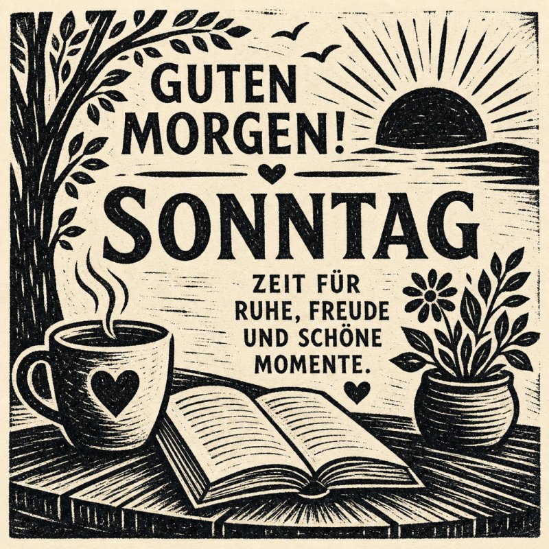 Ein Guten-Morgen-Gruß mit einem Sonnenaufgang, einer Tasse Kaffee, einem Buch und einer Blume, die eine ruhige und freudige Sonntagsstimmung verbreiten.