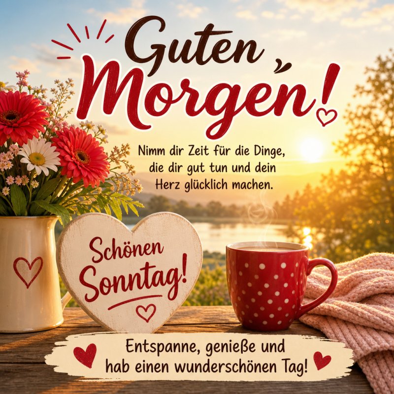 Ein herzlicher Guten-Morgen-Gruß zeigt eine Tasse Kaffee und rote Blumen auf einem Tisch mit Seeblick, begleitet von gemütlichen Sonntagssprüchen.