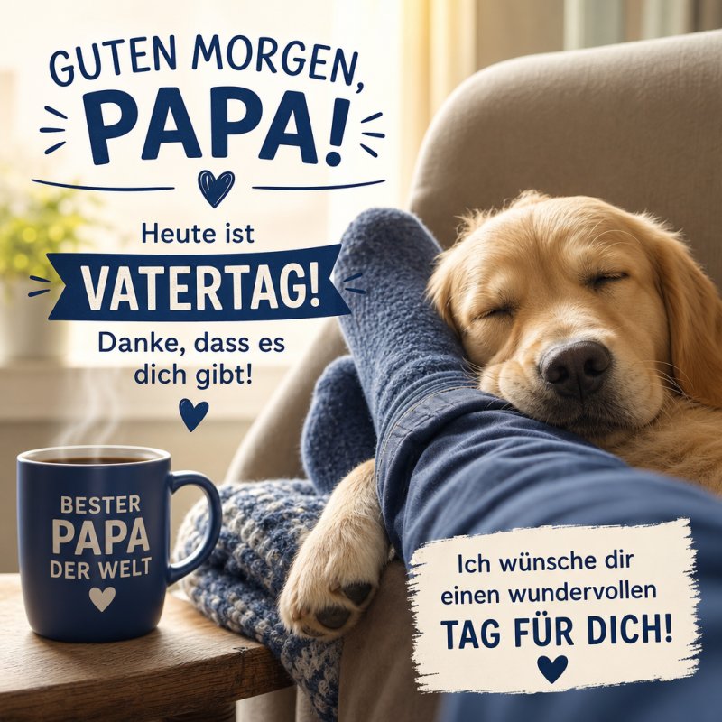 Ein Hund schläft zufrieden neben einer Tasse mit 'Bester Papa der Welt' Aufschrift und ein Bein in Socken, begleitet von einem Guten-Morgen-Gruß.