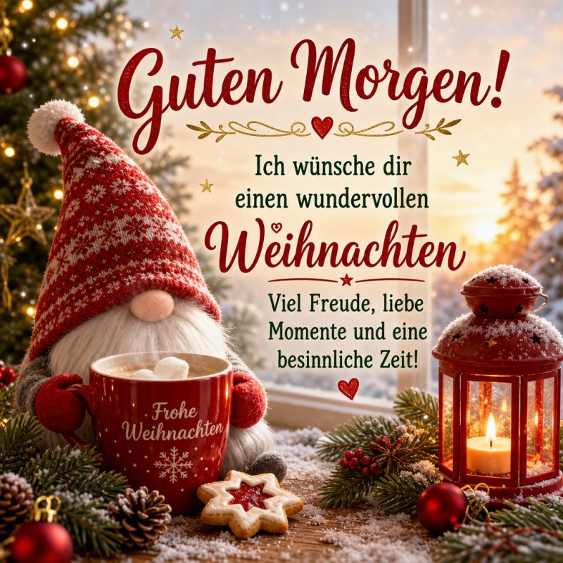 Ein gemütlicher Weihnachts-Guten-Morgen-Gruß mit einem knuffigen Wichtel, Tasse Kakao, Keksen und leuchtendem Dekor, die eine warme Winterstimmung schaffen.