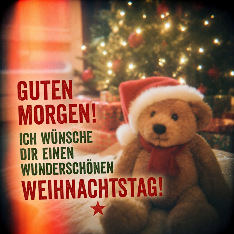 Ein kuscheliger Teddybär mit Weihnachtsmütze sitzt vor einem geschmückten Baum und sendet einen warmen Guten-Morgen-Gruß zur Weihnachtszeit.