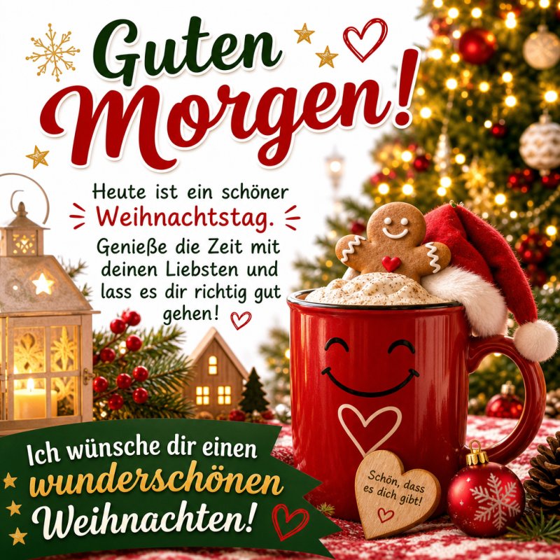 Ein roter Becher voller Kakao mit einem Lebkuchenmann, umgeben von Weihnachtsdekoration, vermittelt einen warmen Guten-Morgen-Gruß zur Weihnachtszeit.
