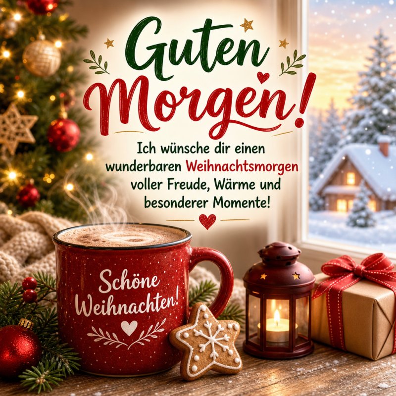 Ein gemütlicher Guten-Morgen-Gruß mit einer Tasse Kaffee, Weihnachtsplätzchen und Lichtern vor einem Baum und schneebedecktem Fenster.