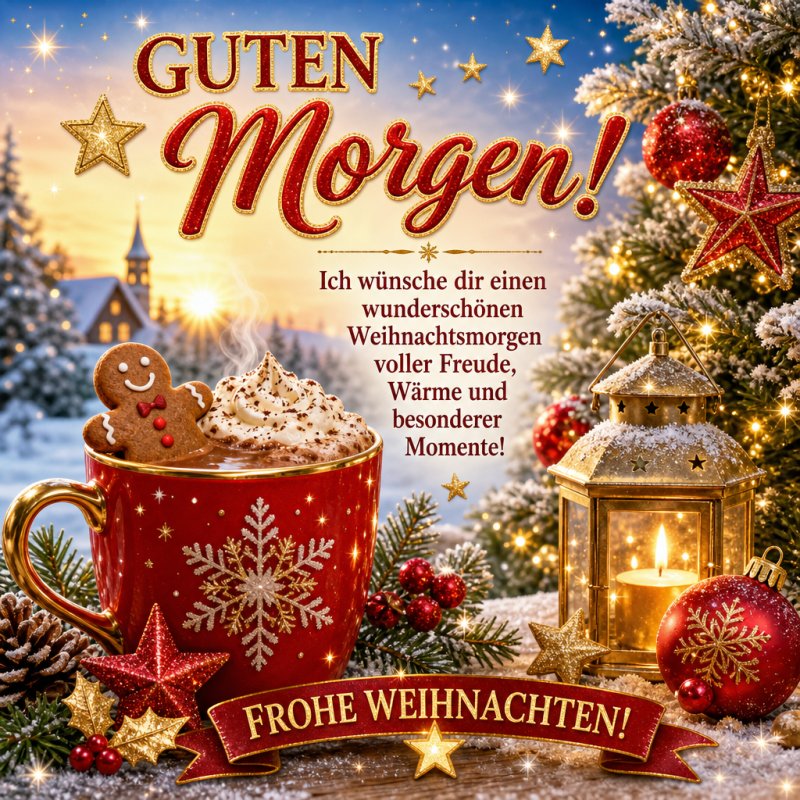 Ein roter Becher mit Schneeflockenmotiv, gefüllt mit heißer Schokolade und einem Lebkuchenmann, steht neben einer Laterne in winterlicher Weihnachtskulisse als Guten-Morgen-Gruß.
