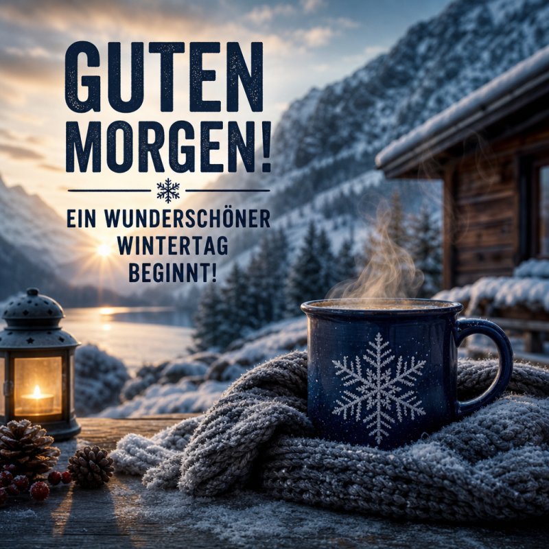 Ein blauer Becher mit Schneeflockenmuster und eine Laterne stehen auf einem Holztisch vor einer verschneiten Bergkulisse als Guten-Morgen-Gruß im Winter.