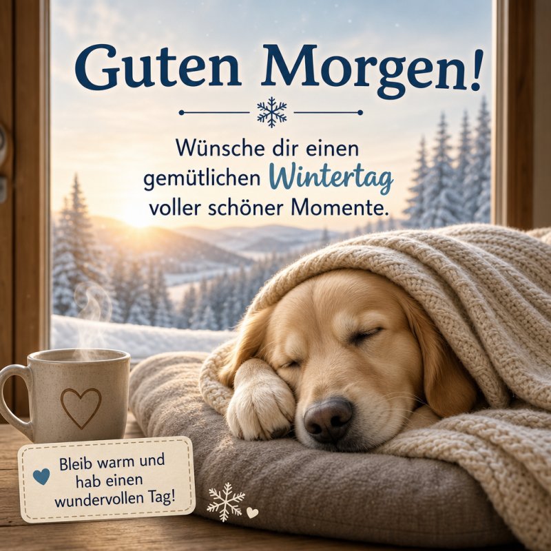 Ein Hund liegt unter einer Decke auf einem Sofa vor einem Fenster mit verschneiter Landschaft, begleitet von einer Tasse Kaffee und einem Guten-Morgen-Gruß.